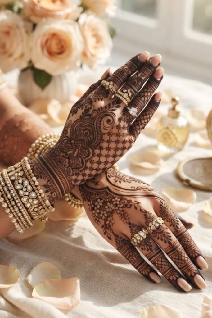 Bridal Mehndi Designs 2026 featuring intricate wedding henna patterns, floral motifs, traditional artwork, and elegant full hand designs
