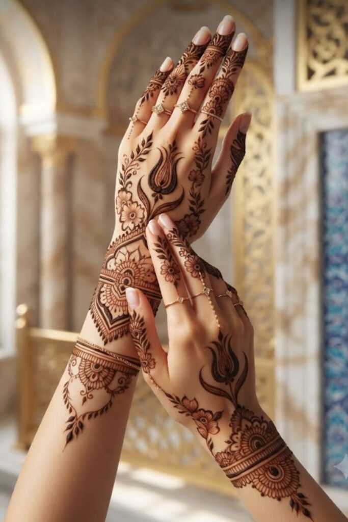 Characteristics of Turkish Mehndi Designs 2026 featuring fine-line floral patterns, Ottoman-inspired motifs, geometric details, and elegant Turkish henna artwork.