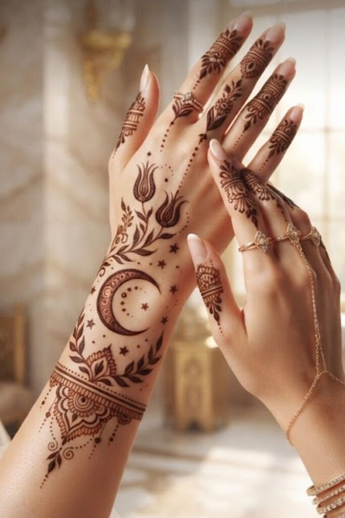 Crescent Moon Turkish Mehndi featuring elegant Turkish henna designs with crescent moon motifs, floral patterns, stars, and Ottoman-inspired details on hands.