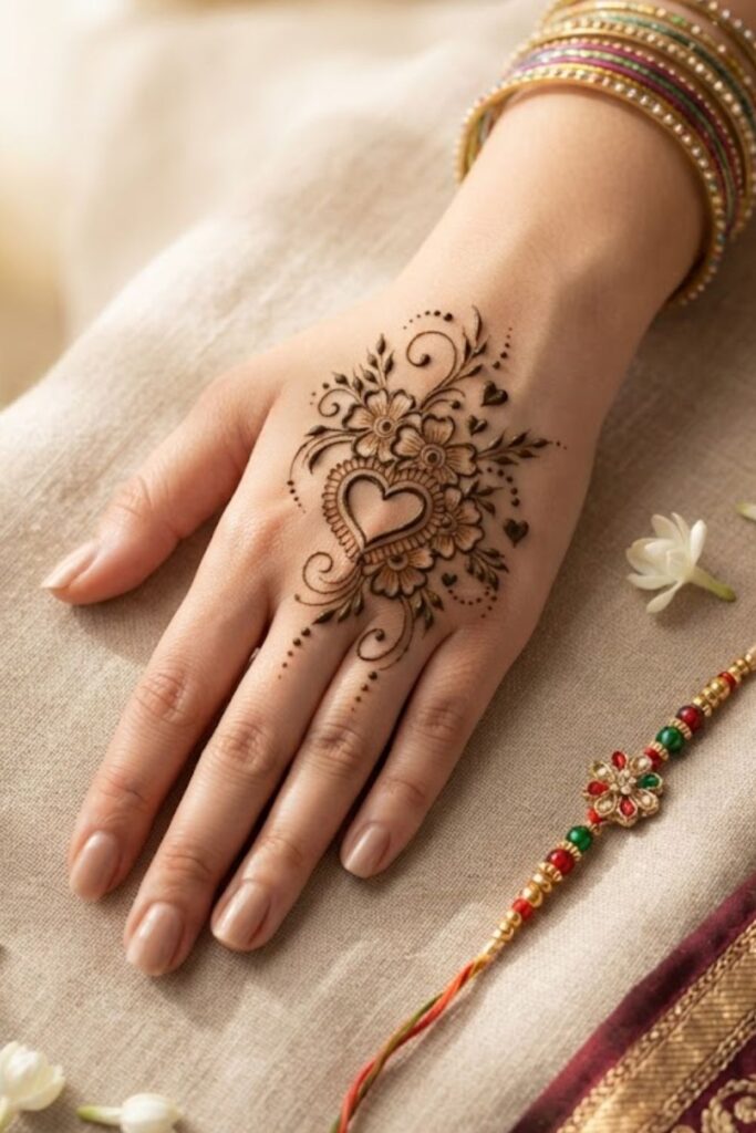 Cute heart and floral Raksha Bandhan mehndi design with delicate flowers and leaves