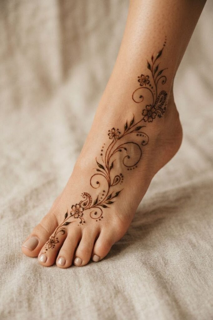 Delicate Arabic foot vine mehndi design with flowers and leaves