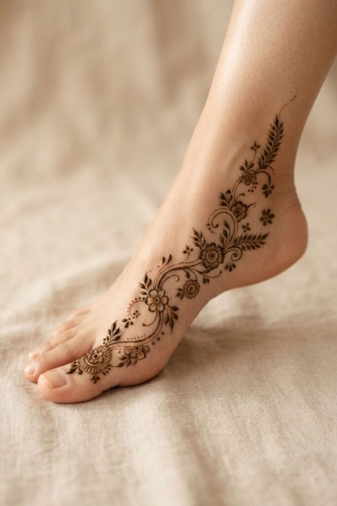 Delicate floral and leaf combination foot mehndi with fine vines and open spaces