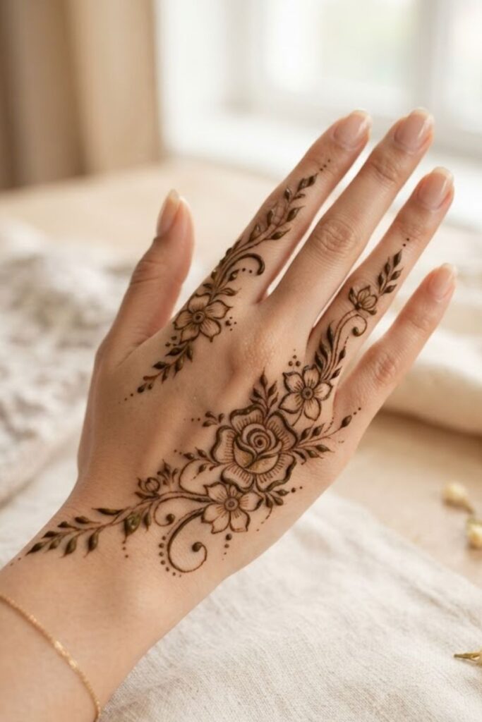 Diagonal floral vine mehndi design with flowers and delicate leafy details