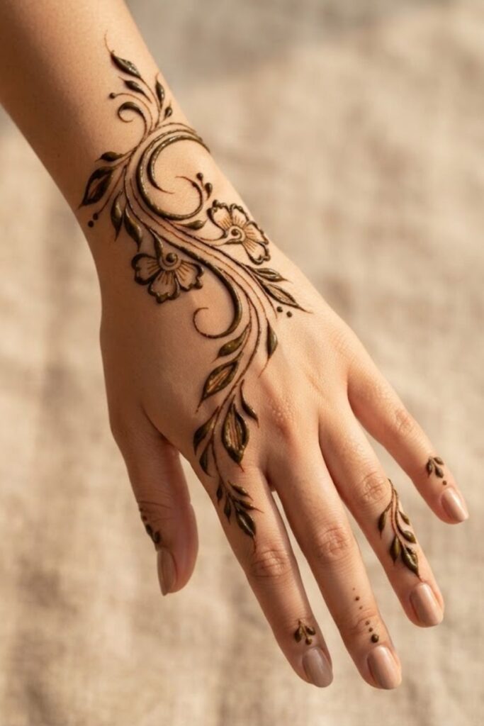 Easy Arabic back hand mehndi design with simple floral vines and leaves.