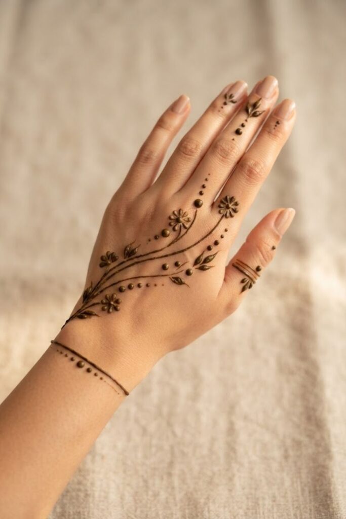Easy back hand mehndi design with simple floral motifs and decorative dots.