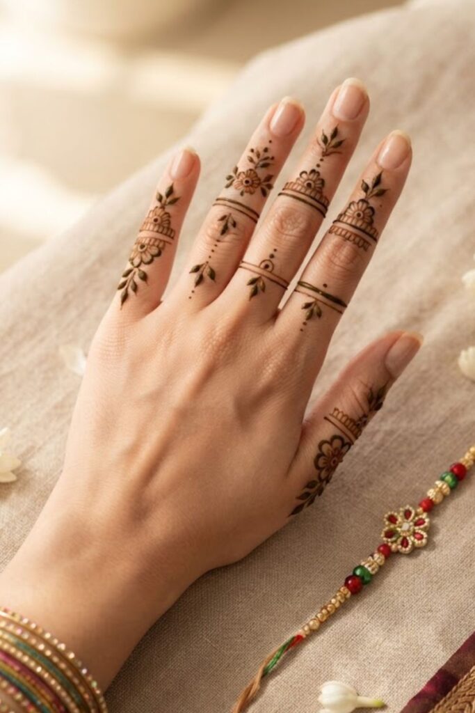 Easy finger mehndi for Raksha Bandhan with floral, dot, and ring-style details