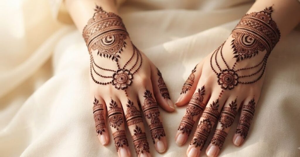 Eid Jewelry Mehndi Designs featuring elegant bracelet mehndi patterns, floral henna details, and festive jewelry-inspired hand art