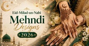 Eid-e-Milad-un-Nabi Mehndi Designs 2026 featuring beautiful Islamic floral henna patterns and elegant festive hand art