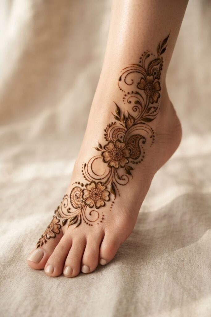 Elegant Arabic foot mehndi design with open spaces