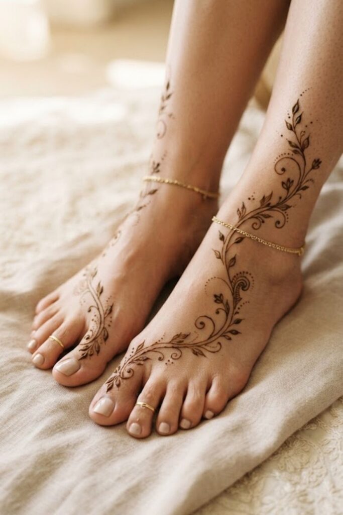 Elegant leafy vine Arabic foot mehndi design with delicate leaves and curved patterns