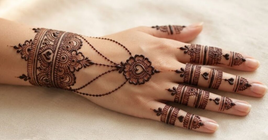 Engagement Jewelry Mehndi Designs featuring elegant bridal ring patterns, bracelet henna details, and luxurious jewelry-inspired mehndi art