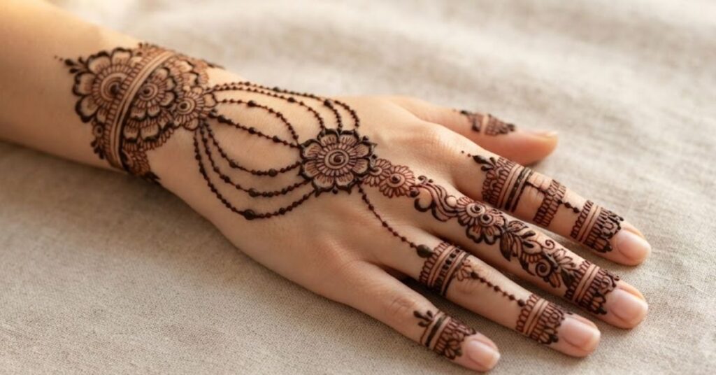 Finger Jewelry Mehndi Designs featuring elegant finger chain patterns, delicate henna rings, and modern jewelry-inspired mehndi art