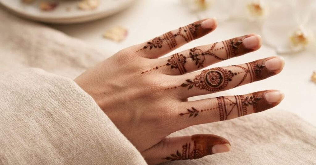 Finger party mehndi design with elegant floral patterns and minimal henna details on fingers