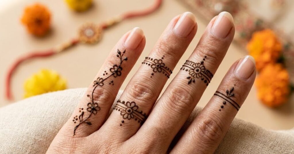 Simple finger Rakhi mehndi design with modern henna patterns