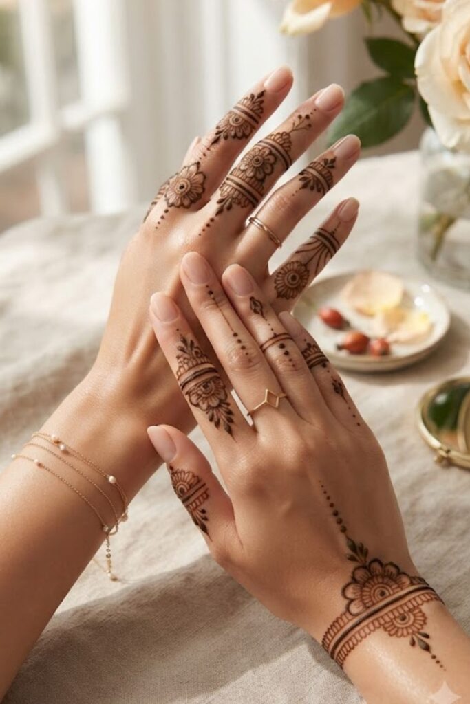 Finger Mehndi Designs for Modern Girls featuring elegant finger henna patterns, ring-style motifs, and minimal hand artwork
