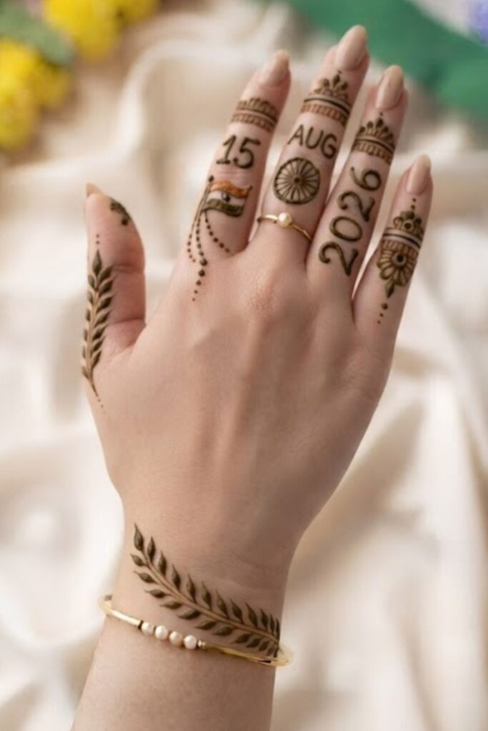 Finger Mehndi for 15 August 2026 with simple Indian flag mehndi design, floral finger patterns, Ashoka Chakra details, and patriotic henna ideas