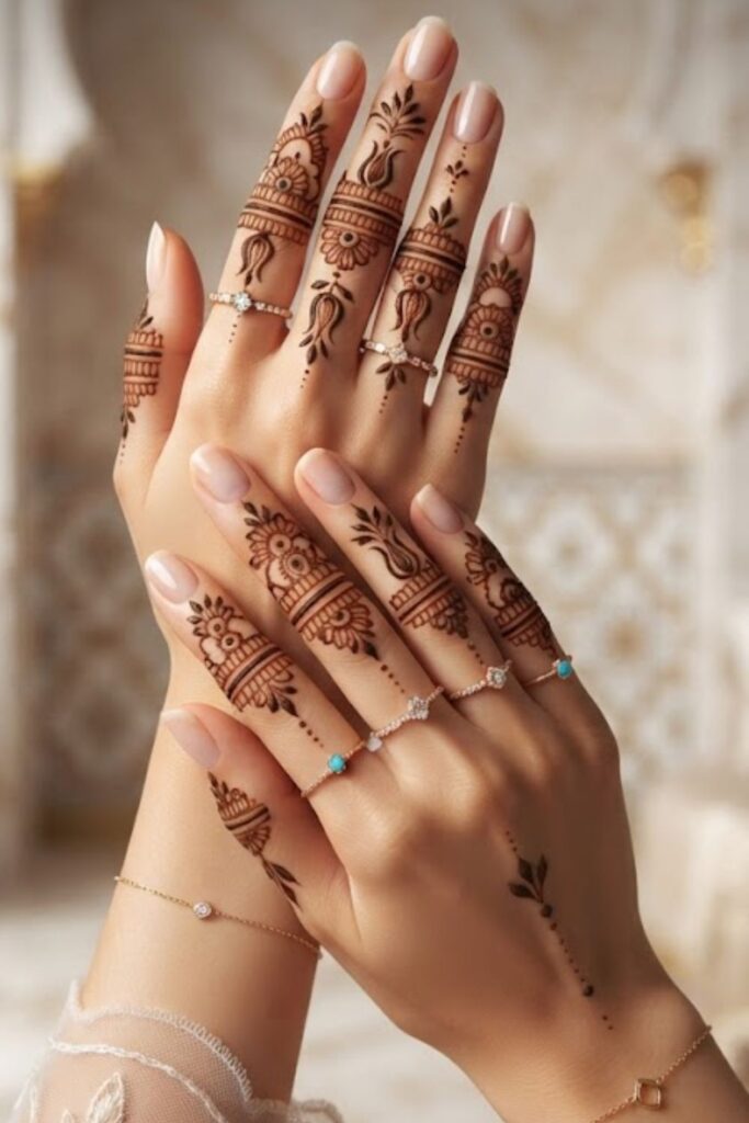 Finger Turkish Mehndi featuring delicate Turkish henna finger patterns, floral motifs, ring-style designs, and minimal Ottoman-inspired details.