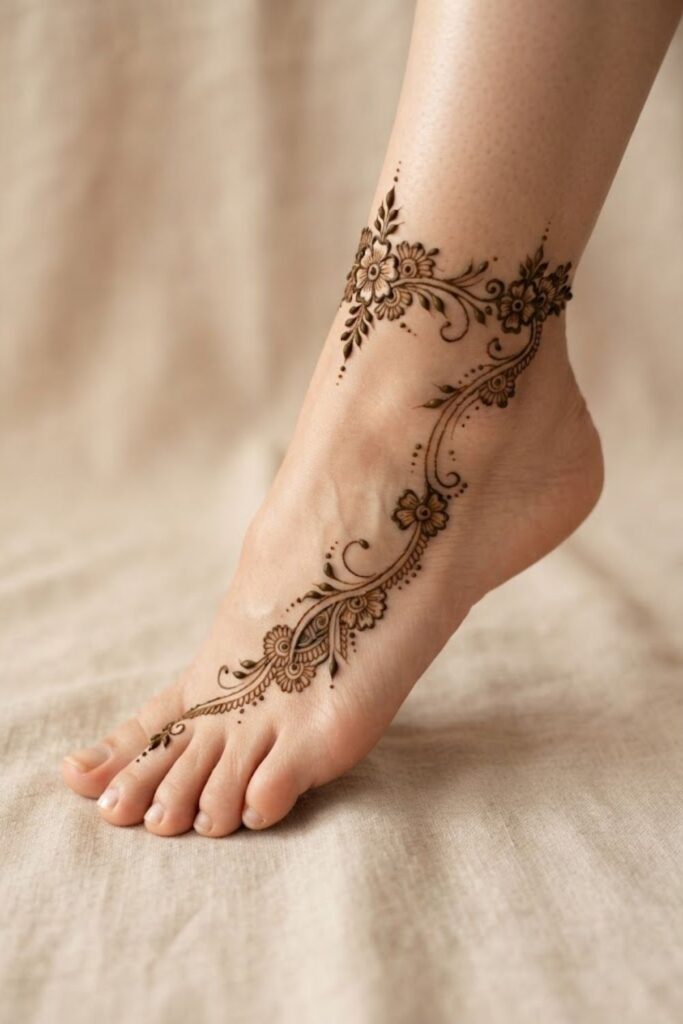 Floral bracelet around the ankle with an elegant one-side foot mehndi vine
