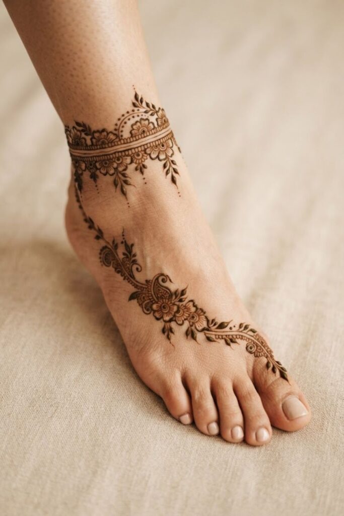 Floral bracelet around the ankle Arabic foot mehndi design