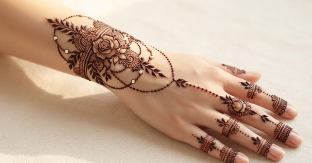 Floral Bracelet Mehndi Design featuring elegant flower patterns, wrist bracelet henna details, and jewelry-inspired mehndi art