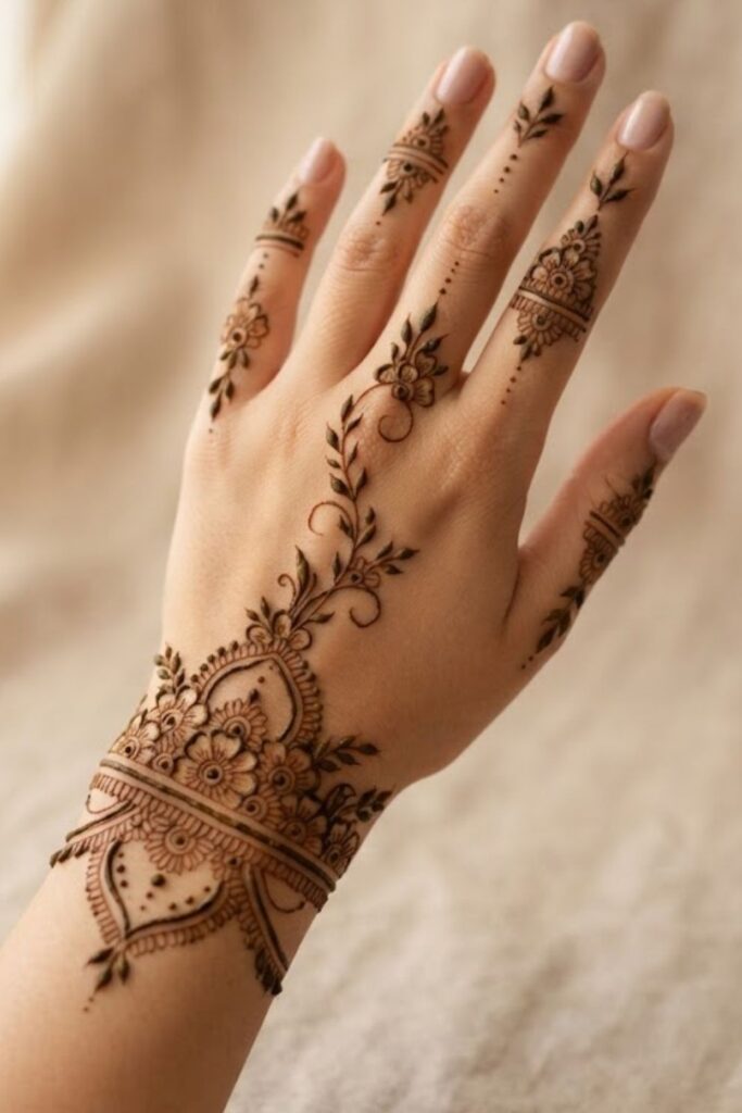 Floral bracelet mehndi design with delicate finger details on the back hand.