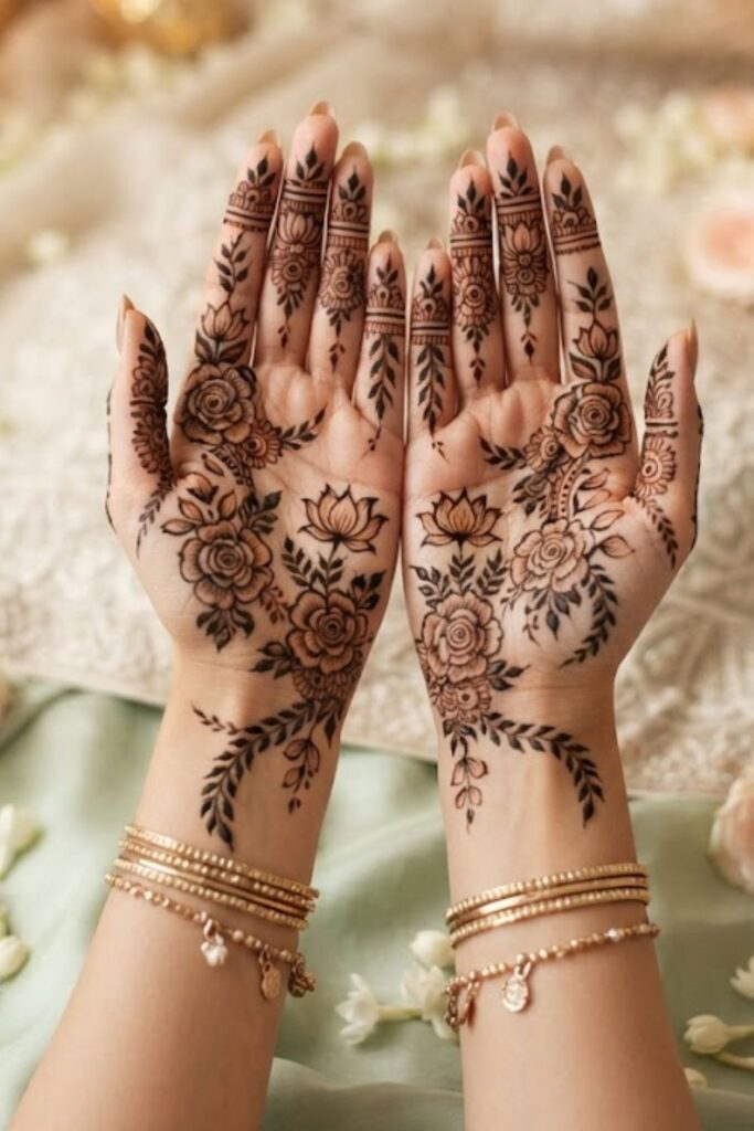 Floral Eid Milad un Nabi Mehndi Designs featuring elegant rose, lotus, and leafy vine henna patterns