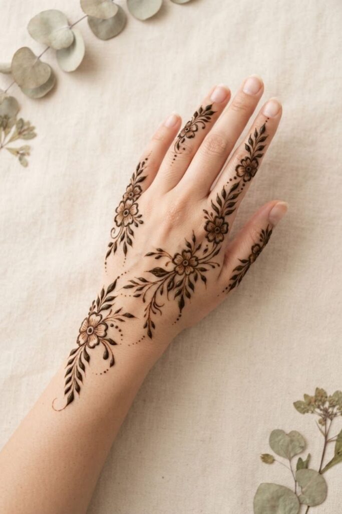 A beautiful floral leaf mehndi design combining delicate flowers, graceful leafy vines, fine lines, and elegant negative space. A feminine henna idea for Eid, weddings, celebrations, and special occasions.