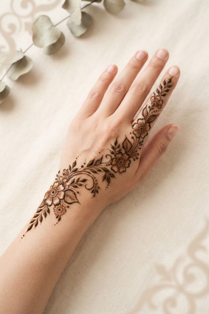 Floral leaf trail mehndi design for Eid with delicate flowers, leafy vines, and fine details