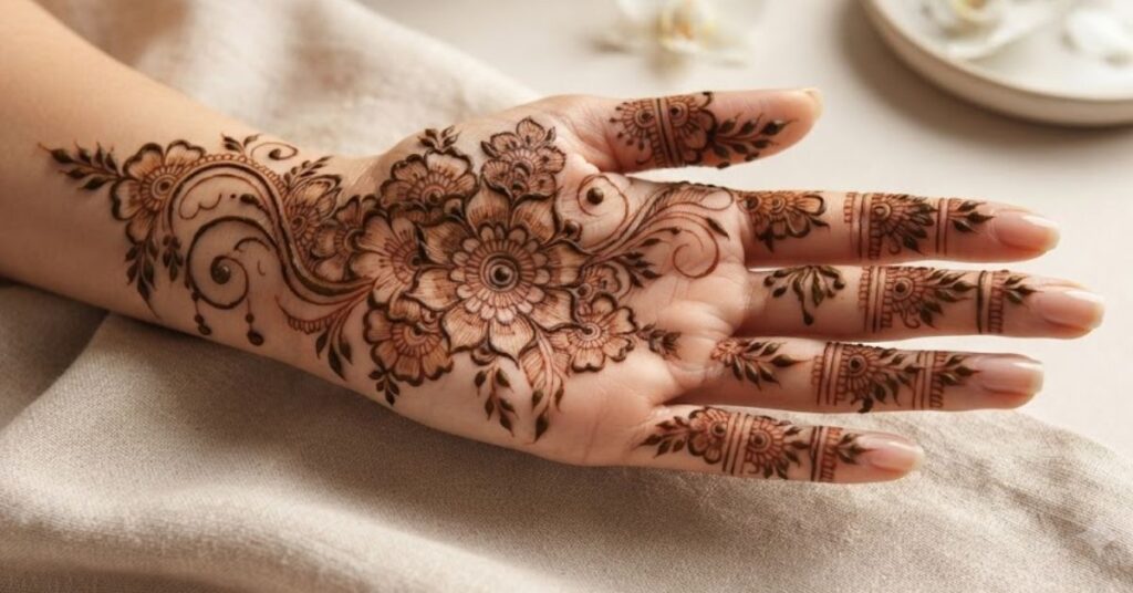 Floral party henna design with elegant flower and leaf patterns on female hand