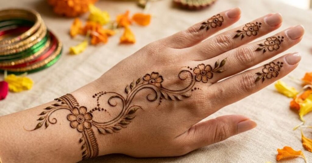 Floral Vine Rakhi Mehndi with delicate flower trails and elegant leaf henna patterns