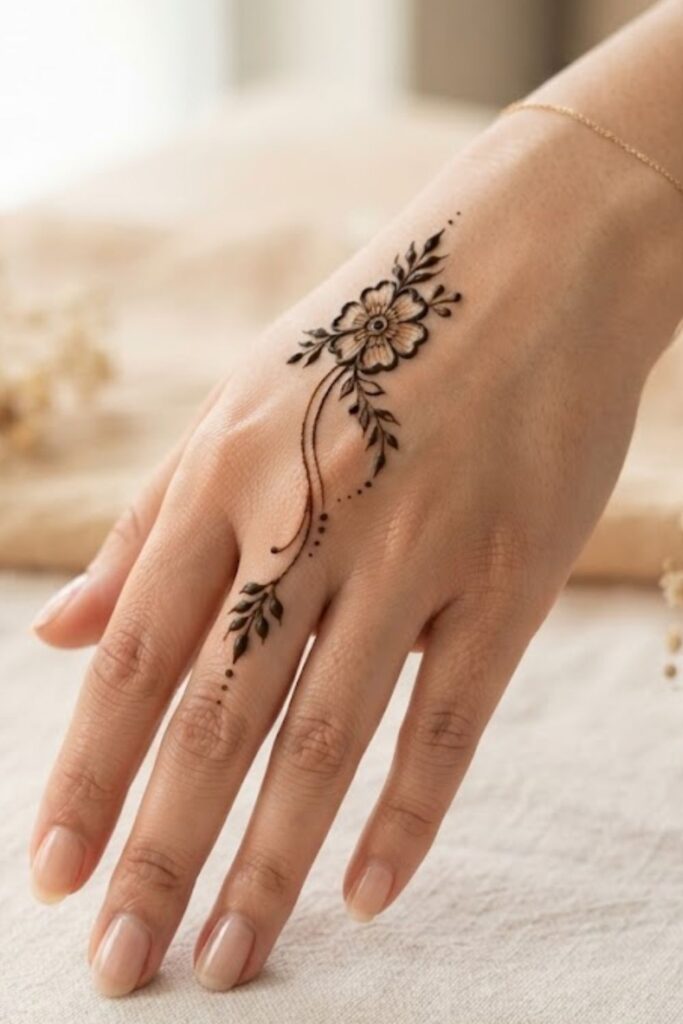 Floral finger trail mehndi design with a delicate flower and leafy vine