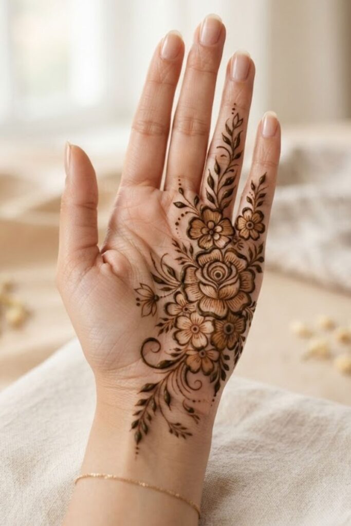 Floral half-hand mehndi design with flowers leaves and negative space