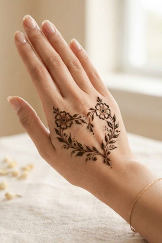 Floral heart mehndi design with delicate flowers and leafy vines