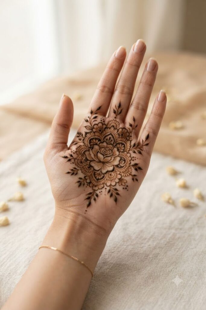 Floral mandala mehndi design with symmetrical flowers and fine details