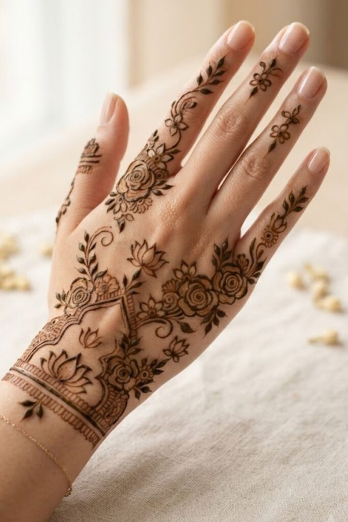Floral mehndi designs for every occasion with flowers and leafy vines