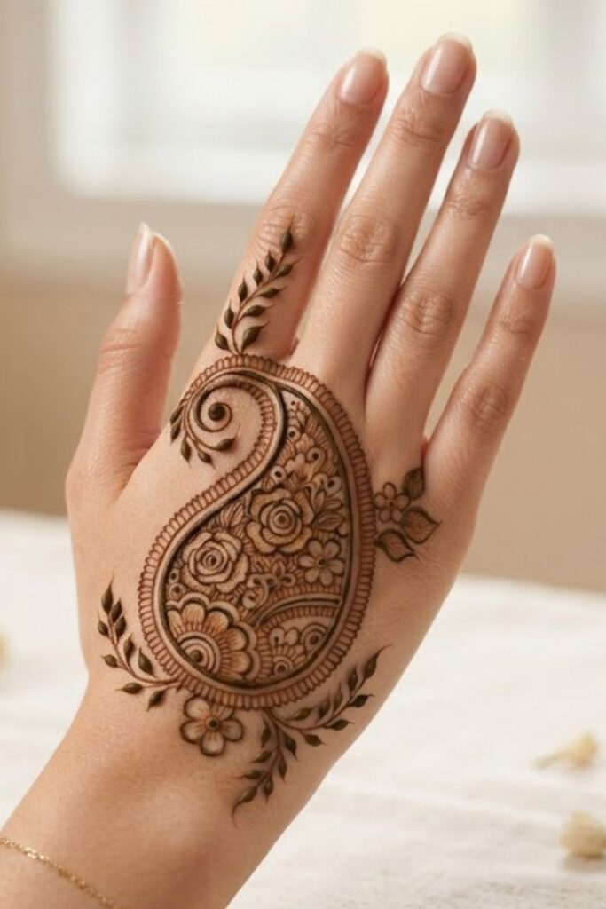 Floral paisley mehndi design with roses leaves and delicate details