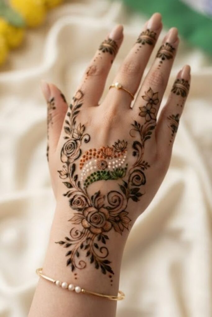 Floral Patriotic Mehndi featuring elegant floral henna, Indian flag mehndi design, Ashoka Chakra, lotus flowers, and patriotic Independence Day patterns