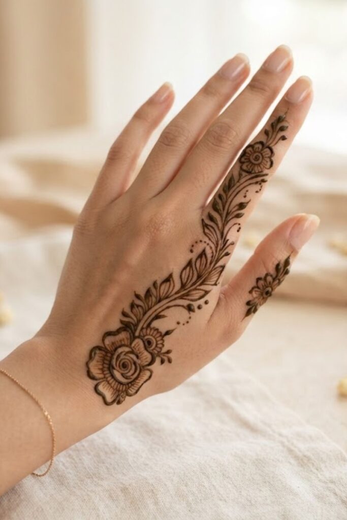 Floral side-hand mehndi design with delicate flowers and leafy vines