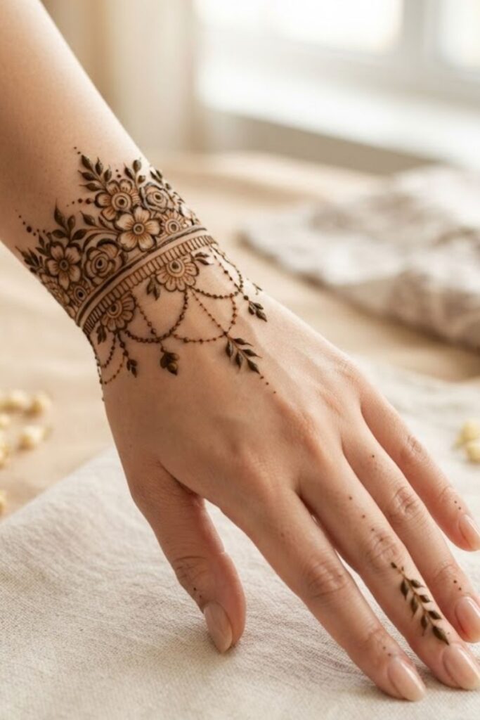 Floral wrist bracelet mehndi design with flowers and leafy vines