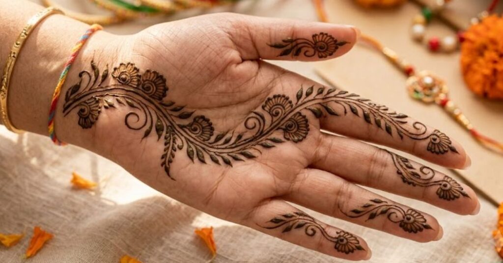 Front Hand Rakhi Mehndi Designs with beautiful floral, mandala and traditional henna patterns