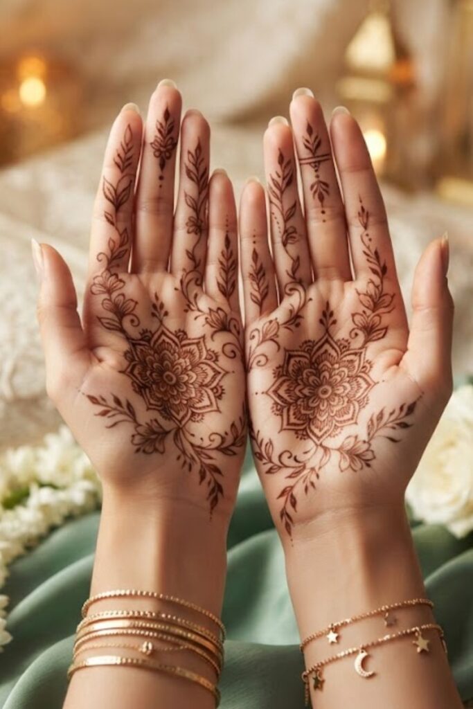 Front Palm Modern Eid Milad un Nabi Mehndi featuring elegant mandala, floral vines, and Arabic henna patterns
