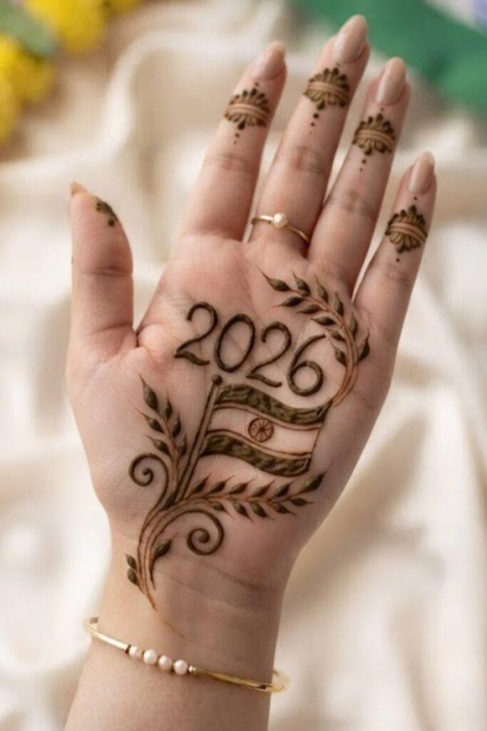 Front Hand Independence Day Mehndi with floral mandala, Indian flag mehndi design, Ashoka Chakra, lotus flowers, and patriotic henna patterns