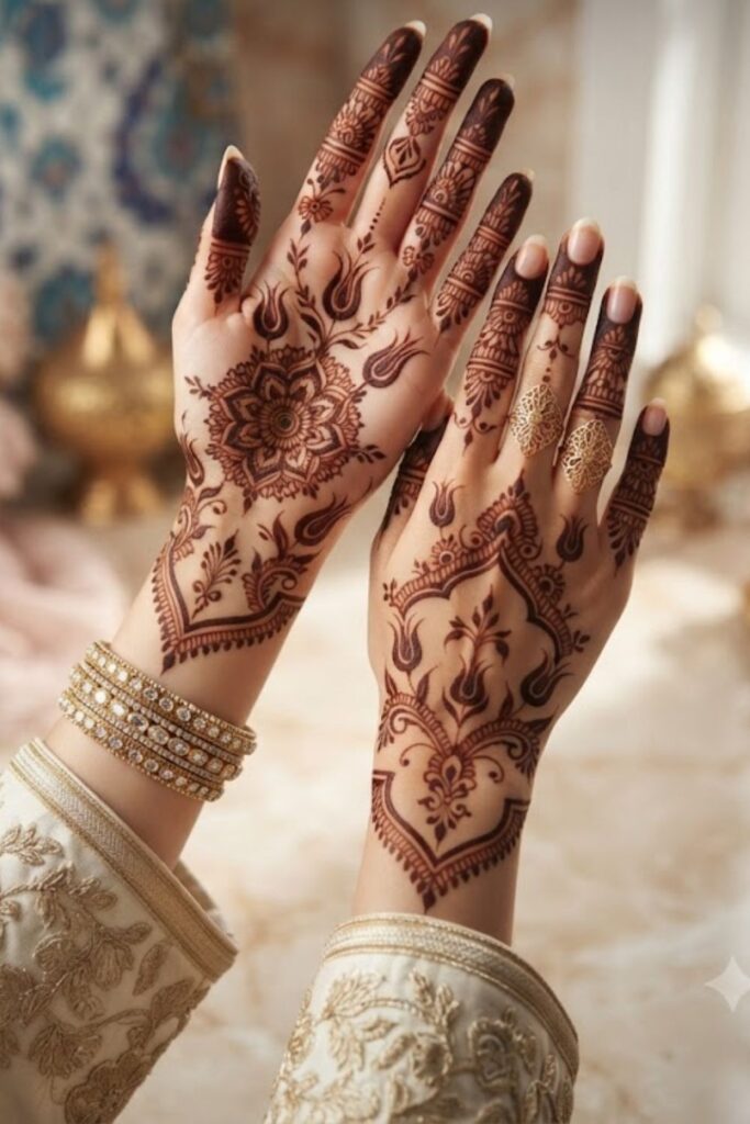 Front Hand Turkish Mehndi featuring elegant Turkish henna patterns with Ottoman-inspired floral motifs, mandala designs, and delicate finger artwork.
