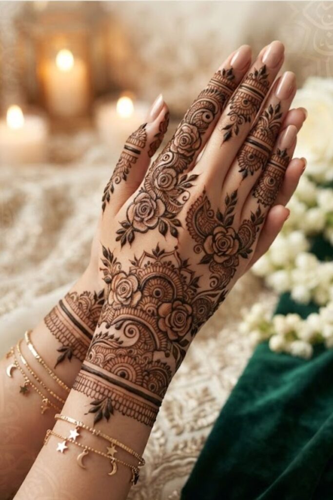 Full Back Hand Eid Milad un Nabi Mehndi Designs featuring elegant Arabic floral vines, mandala, and detailed henna patterns
