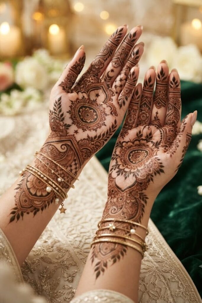 Full Hand Islamic Mehndi Designs featuring intricate floral, mandala, paisley, and Arabic henna patterns