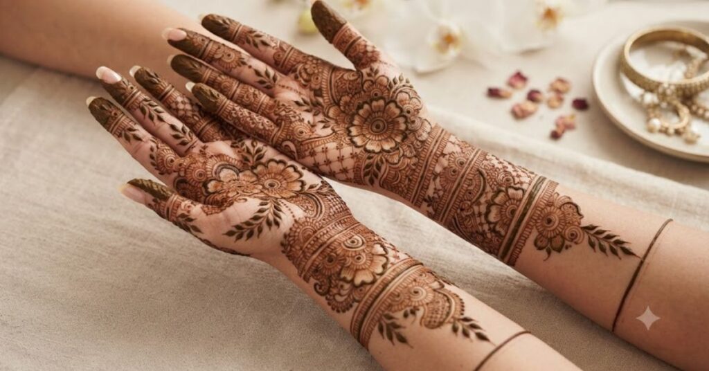Full hand party wear mehndi design with detailed floral and elegant henna patterns