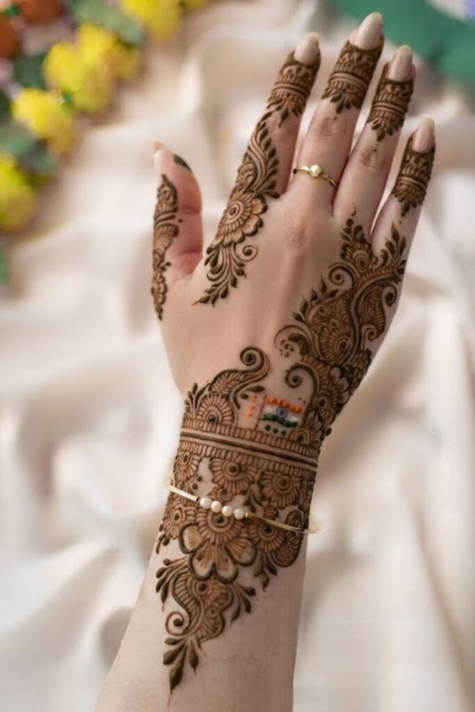 Full Hand Indian Independence Day Mehndi Designs 2026 with detailed patriotic henna, Indian flag mehndi design, Ashoka Chakra, floral and peacock patterns