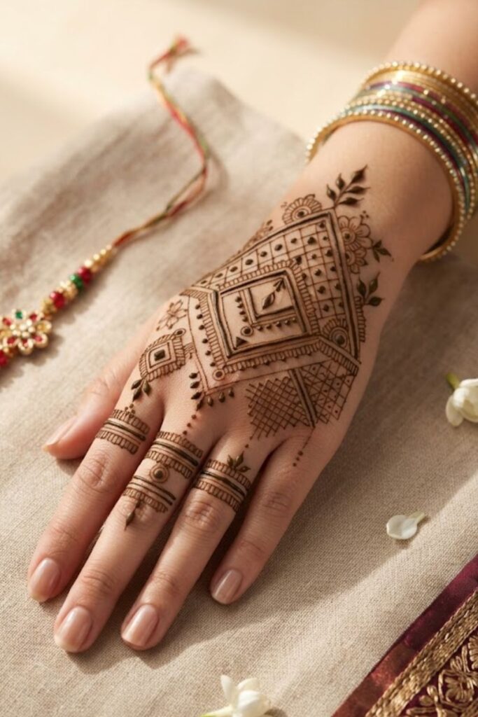 Modern geometric Raksha Bandhan mehndi design with diamonds, circles and delicate lines