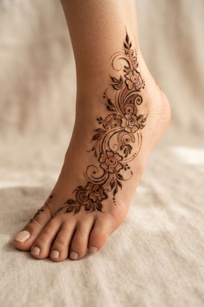 Half foot Arabic mehndi design with floral vine
