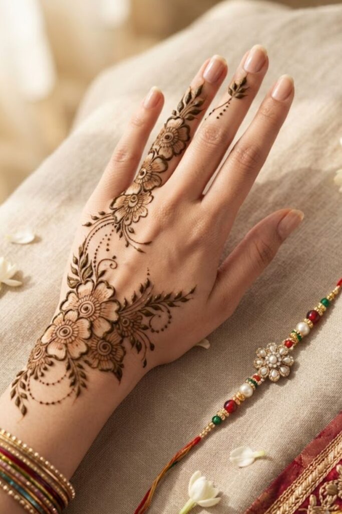 Beautiful half-hand floral Raksha Bandhan mehndi design with delicate leaves and flowers